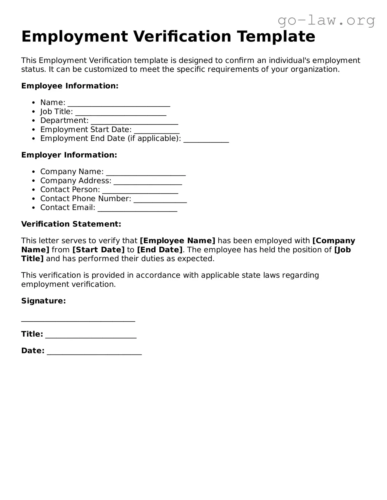 Blank Employment Verification Template