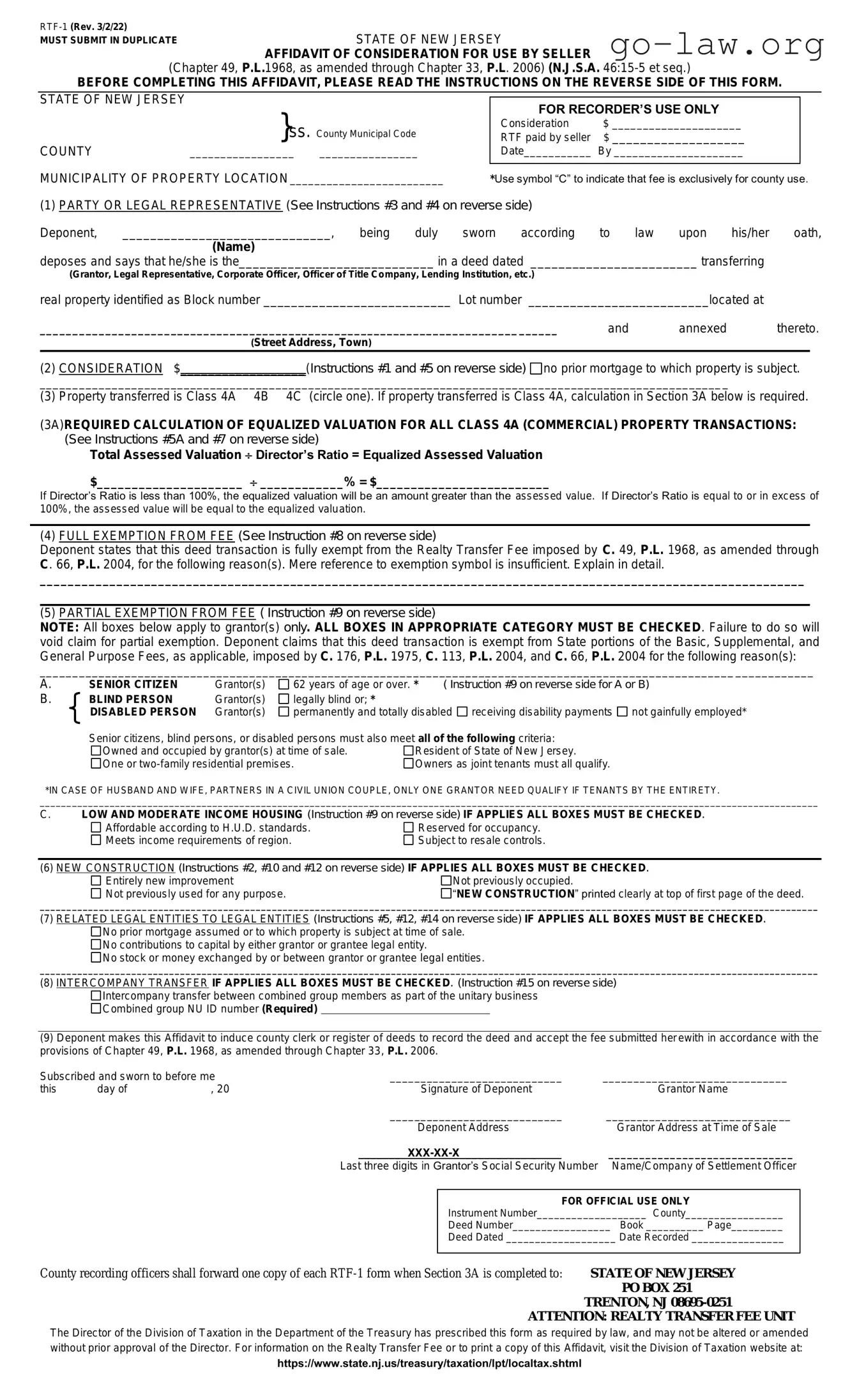 Download New Jersey Affidavit of Consideration RTF-1 Form in PDF