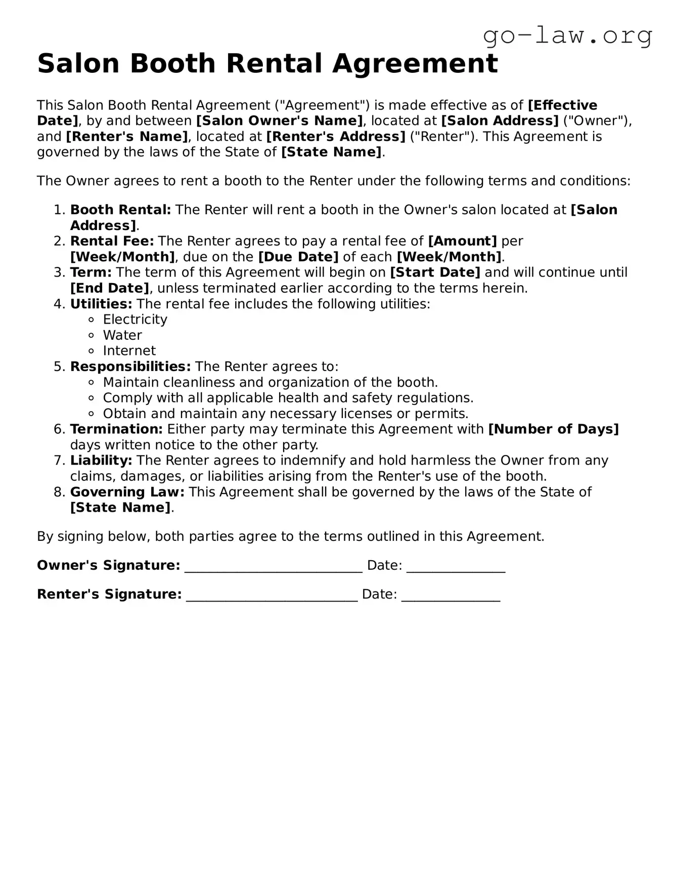 Blank Salon Booth Rental Agreement Template