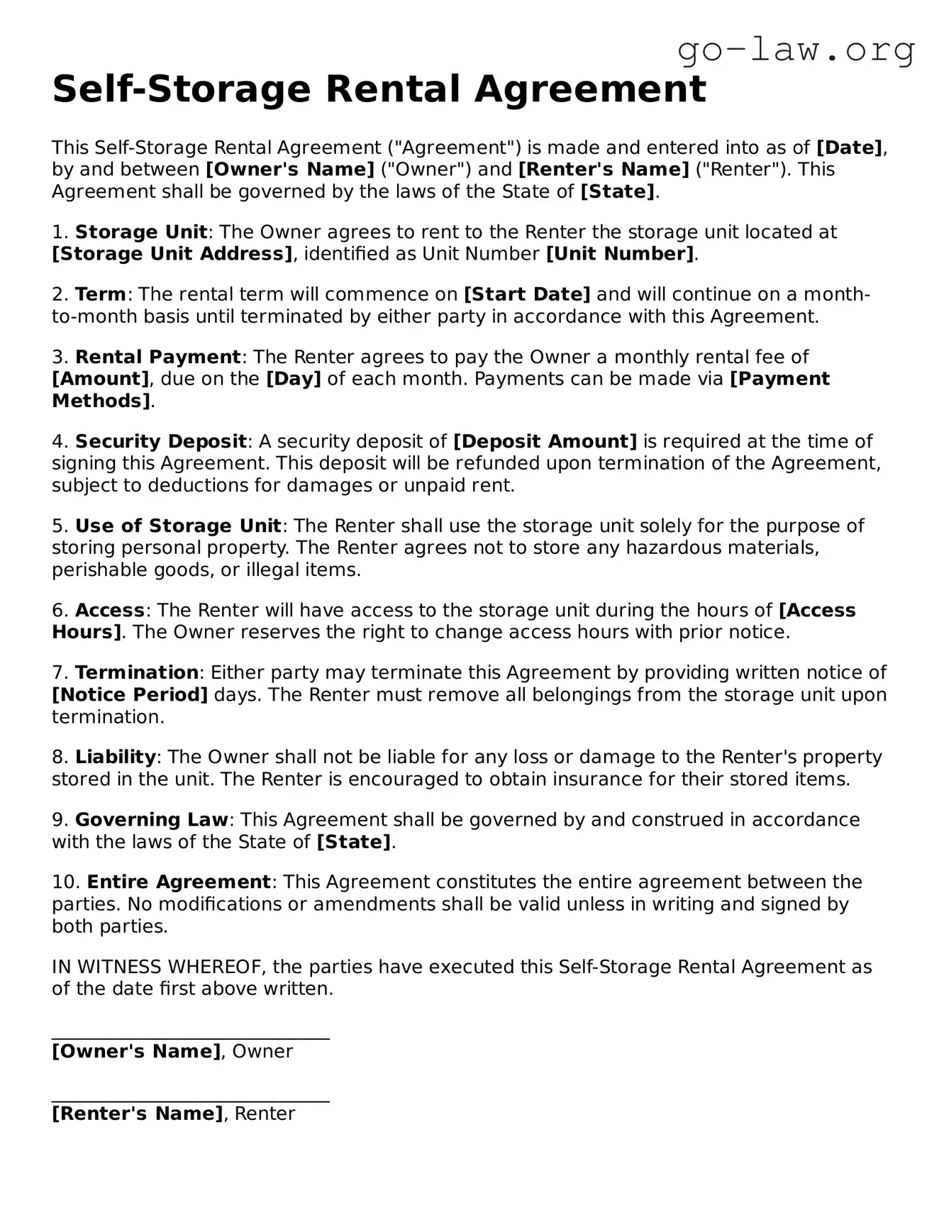 Blank Self-Storage Rental Agreement Template