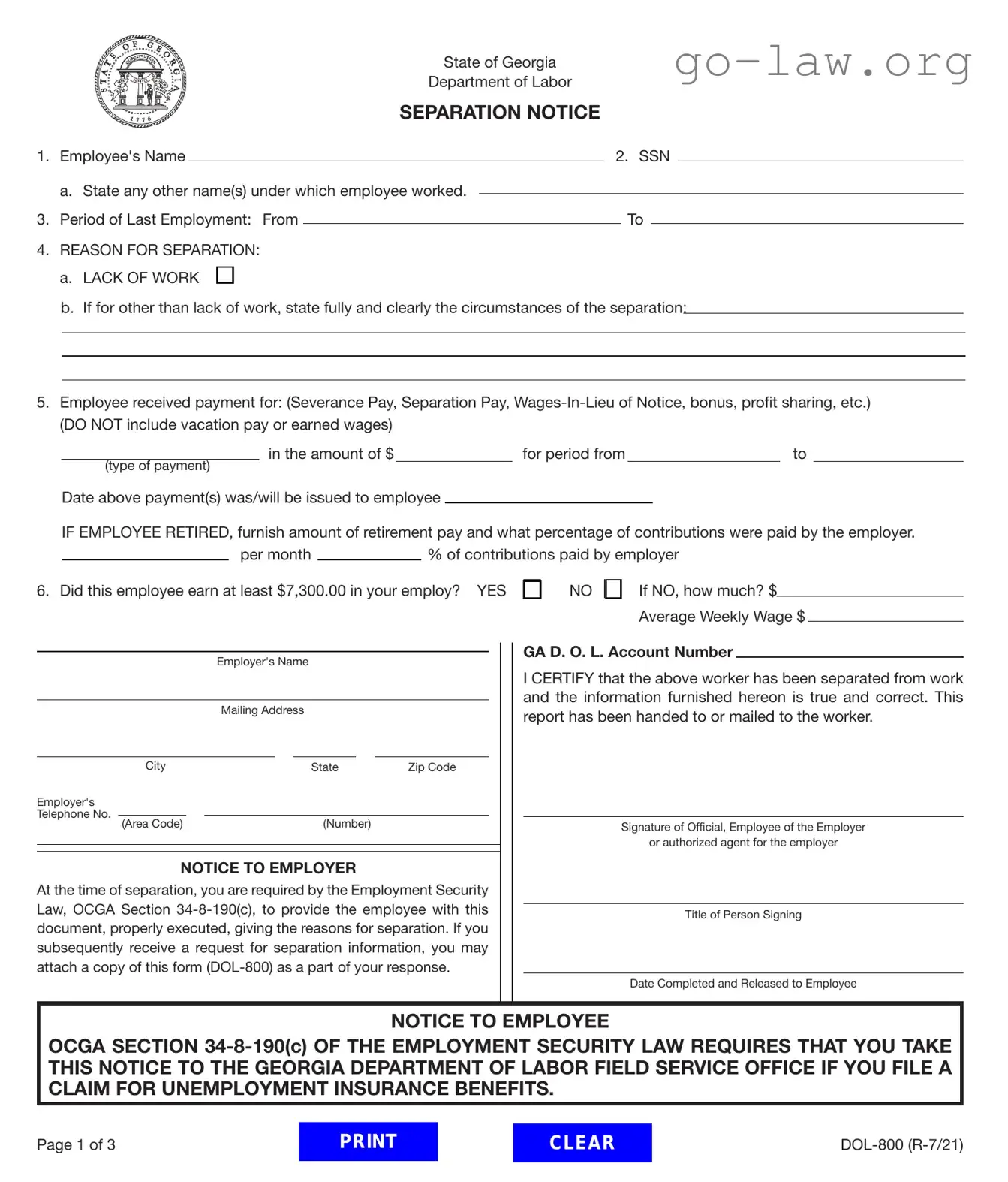 Download Separation Notice For Ga Form in PDF