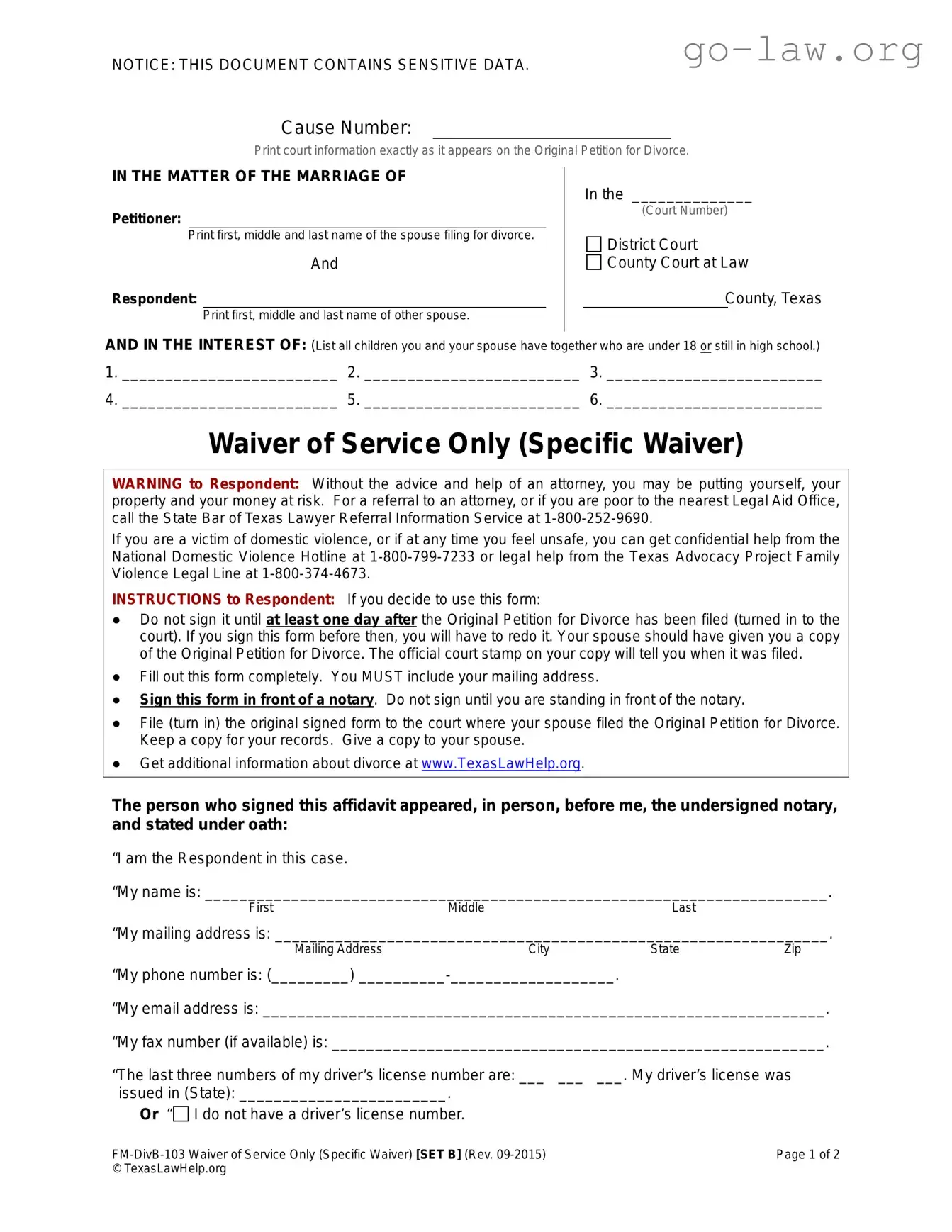 Download Waiver Service Form in PDF