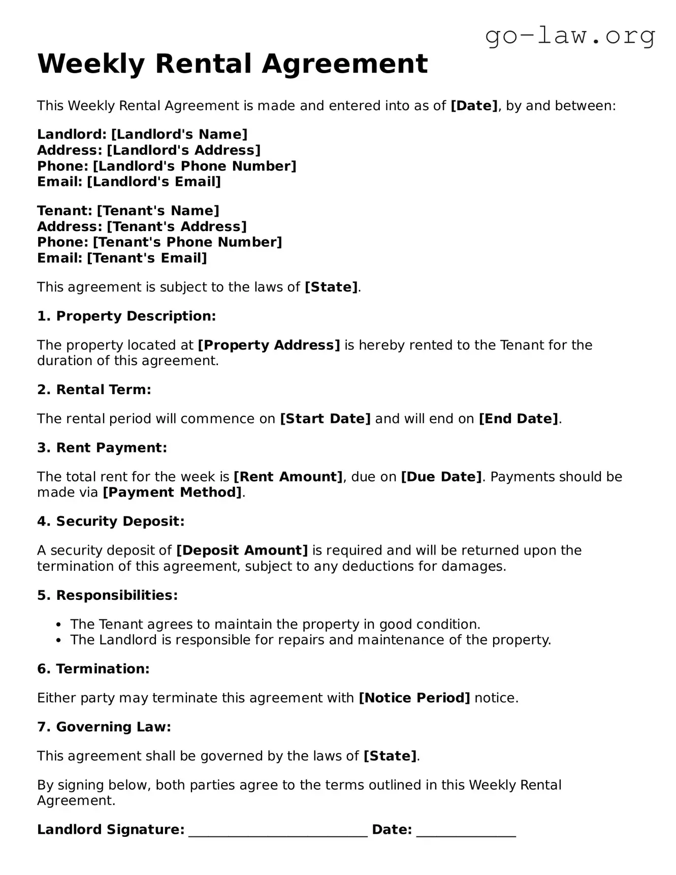 Blank Weekly Rental Agreement Template