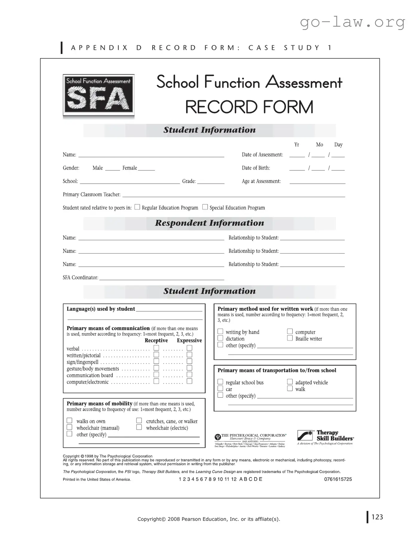 Download School Function Assessment Form in PDF