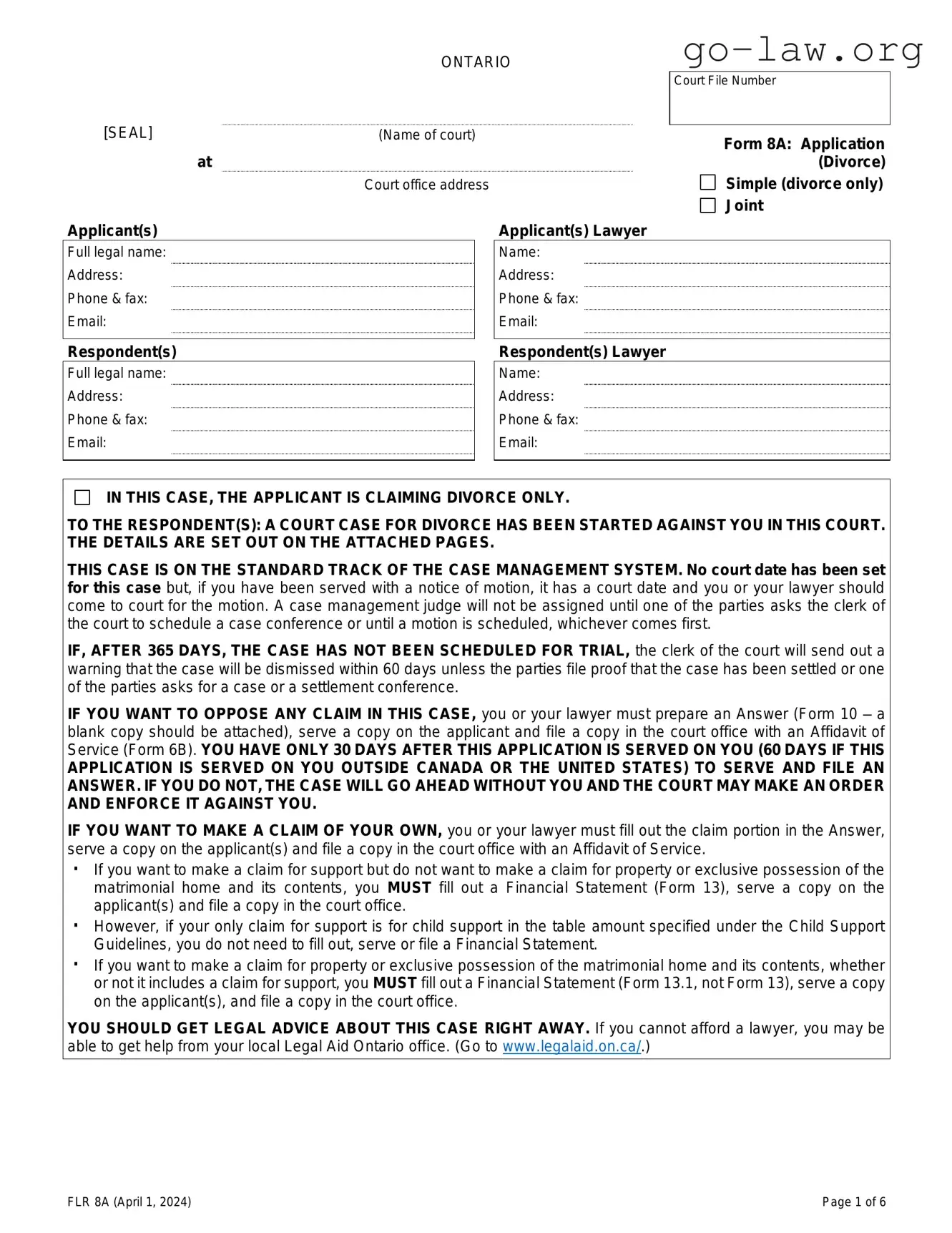 Download Ontario Divorce 8A Form in PDF