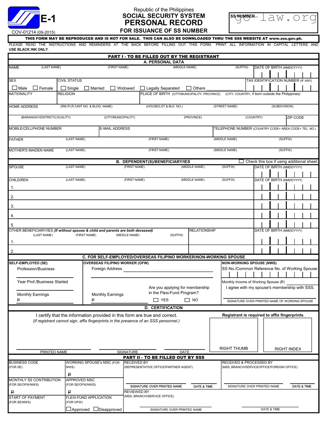 Download Sss Registration E1 Form in PDF