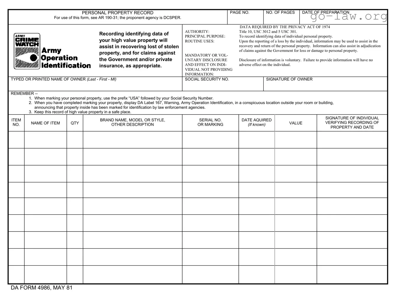 Download Da 4986 Form in PDF