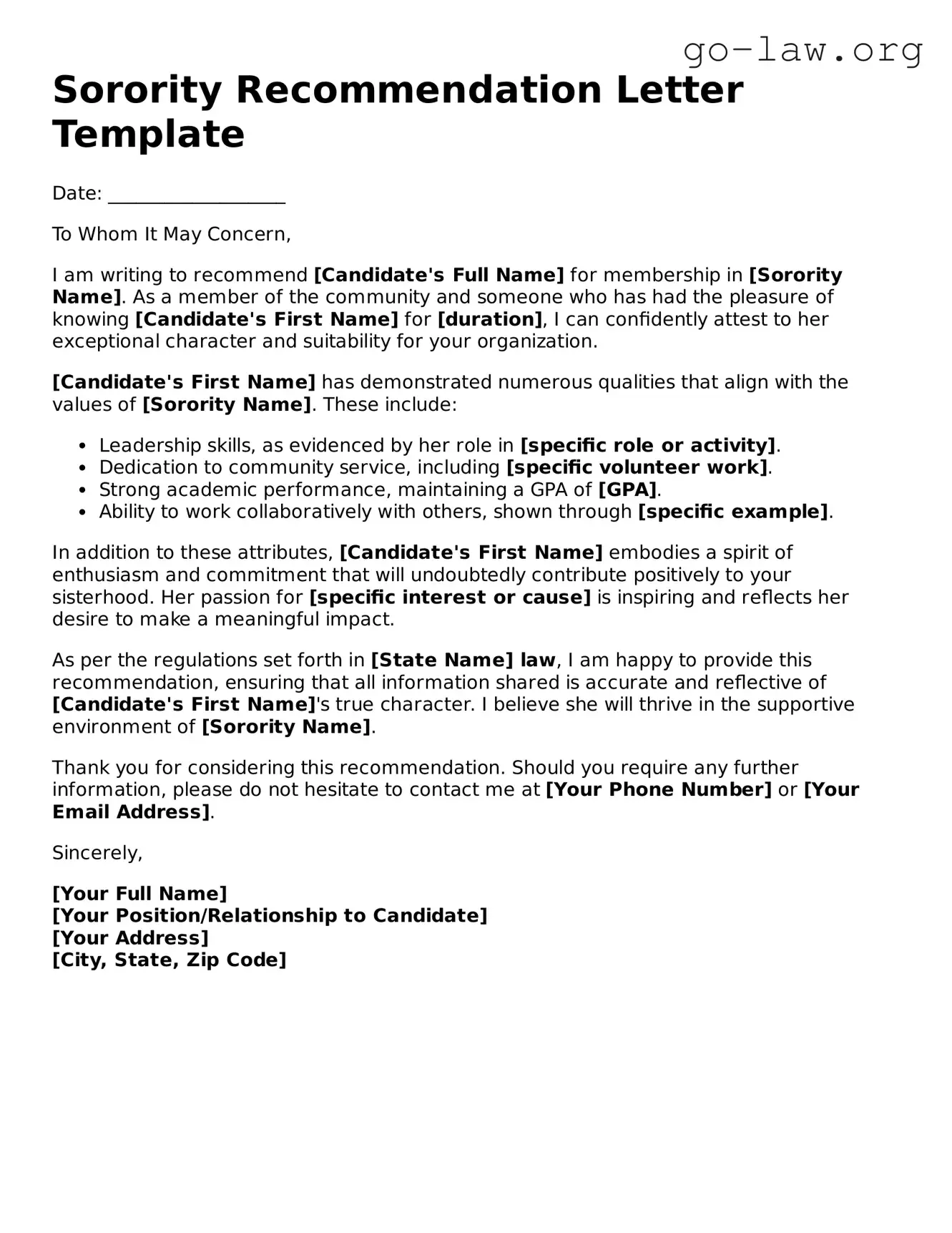 Blank Sorority Recommendation Letter Template