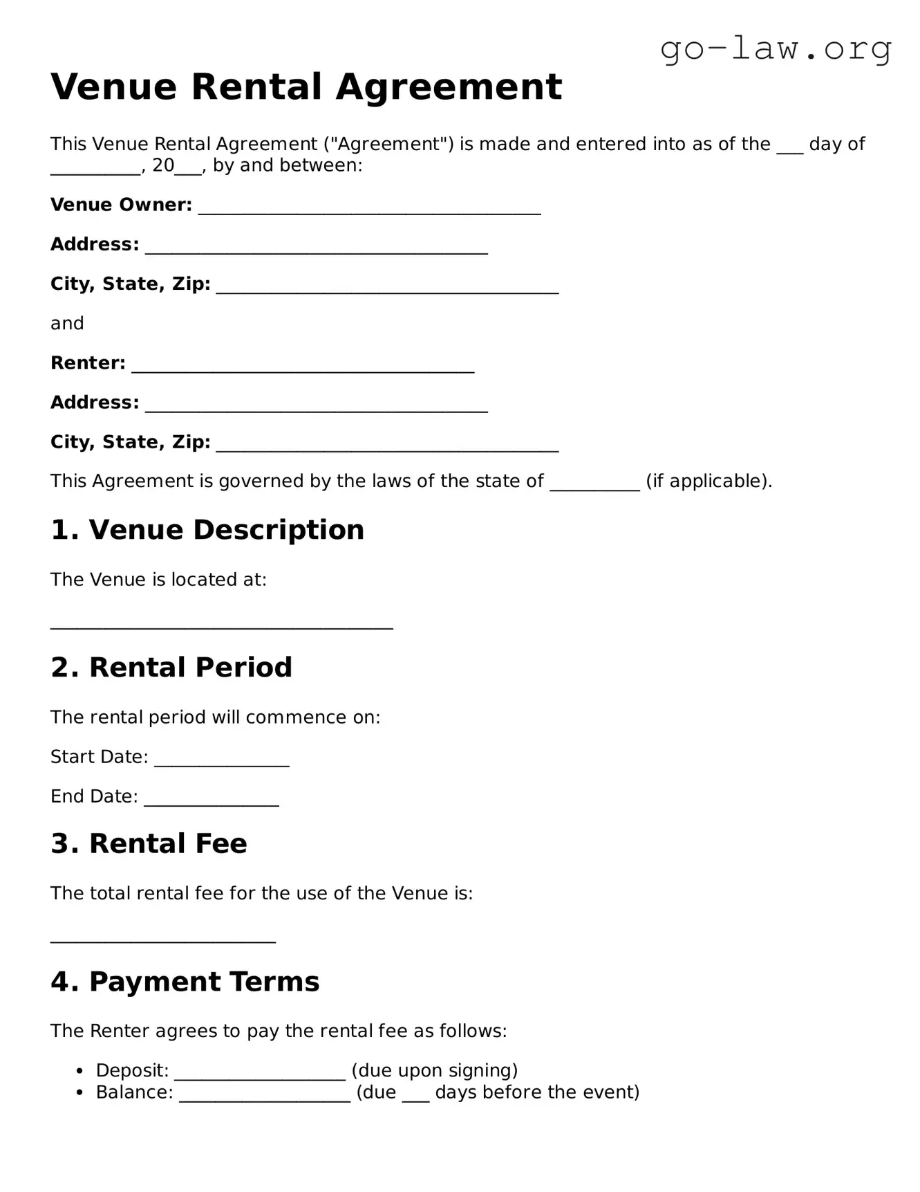 Blank Venue Rental Agreement Template
