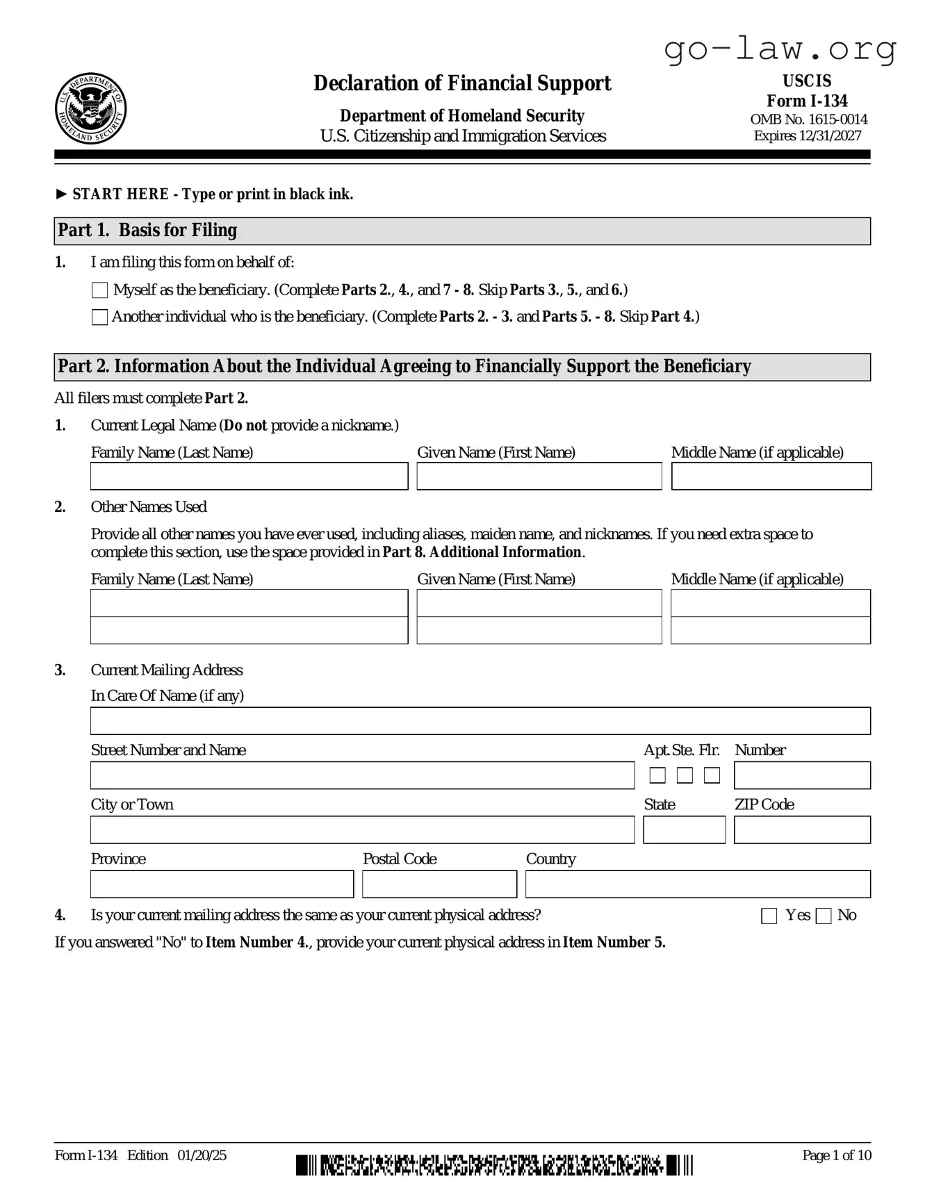 Download USCIS I-134 Form in PDF