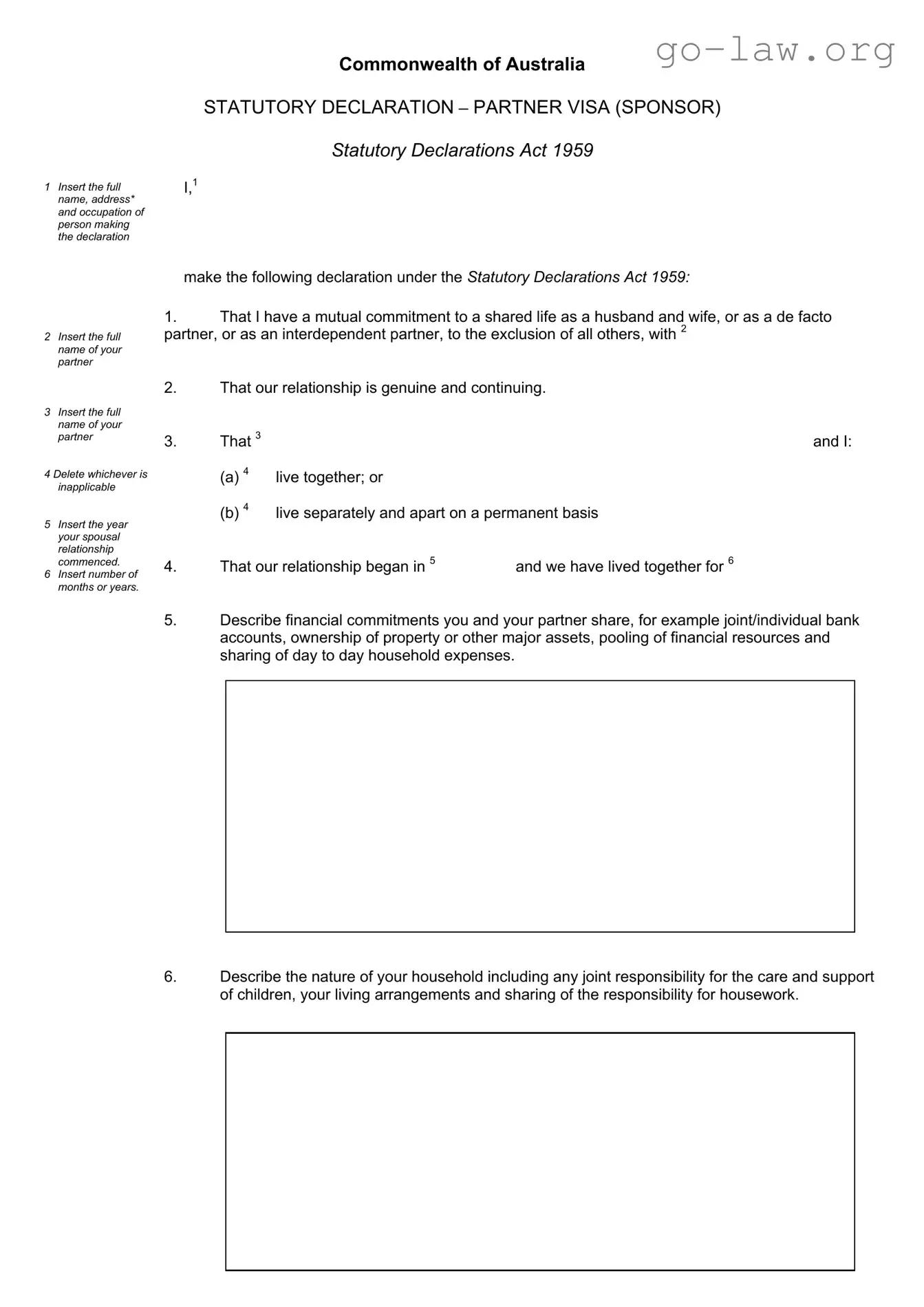 Download Australia Statutory Declaration Partner Visa Form in PDF