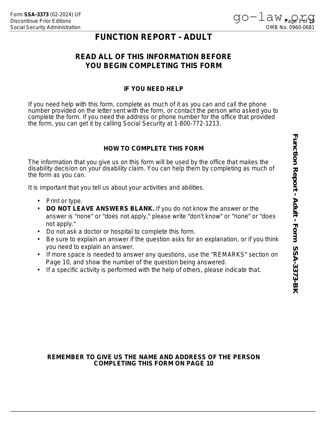 Download SSA SSA-3373-BK Form in PDF