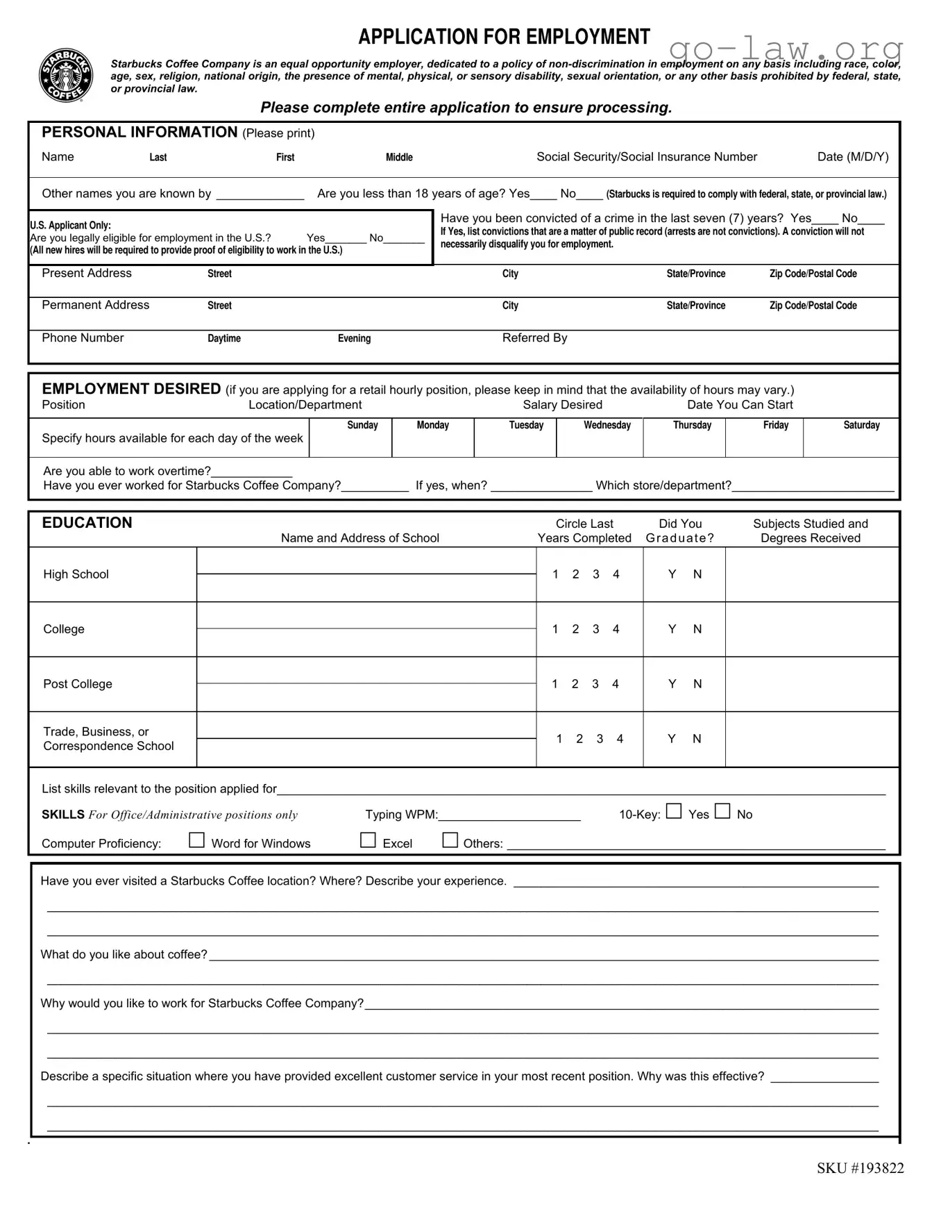 Download Starbucks Application Form in PDF