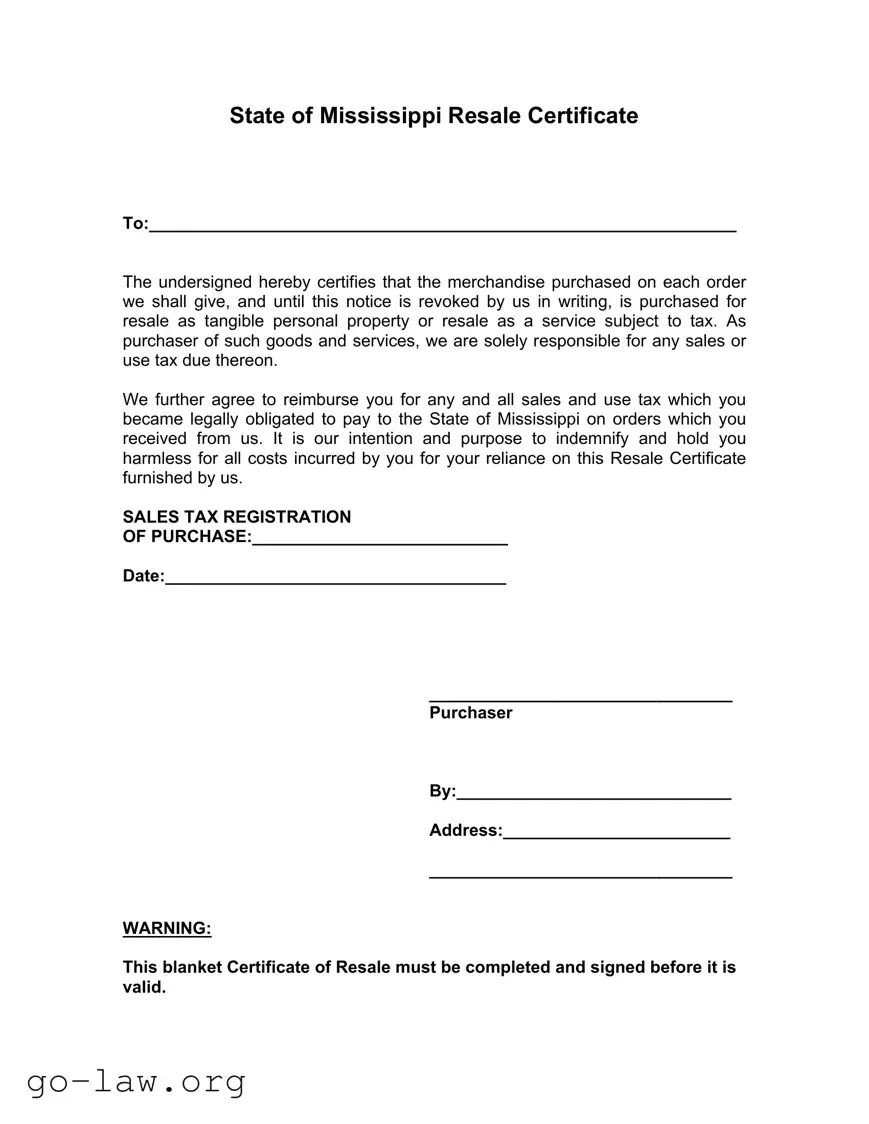 Download Mississippi Resale Certificate Form in PDF