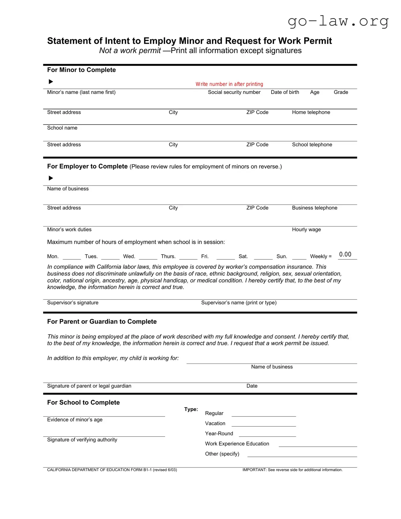Download Statement of Intent to Employ Minor and Request for Work Permit Form in PDF