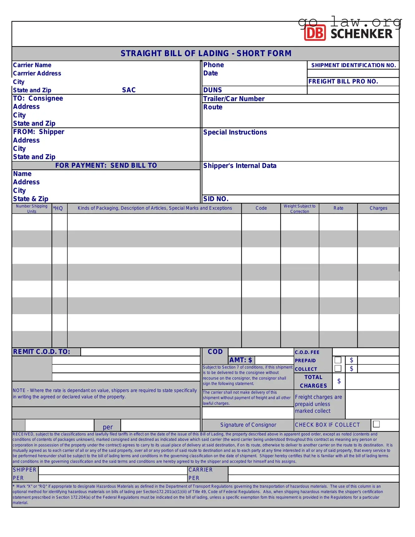 Download Straight Bill Of Lading Form in PDF