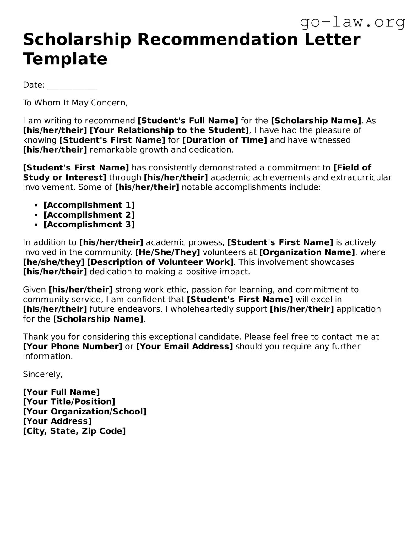 Blank Scholarship Recommendation Letter Template