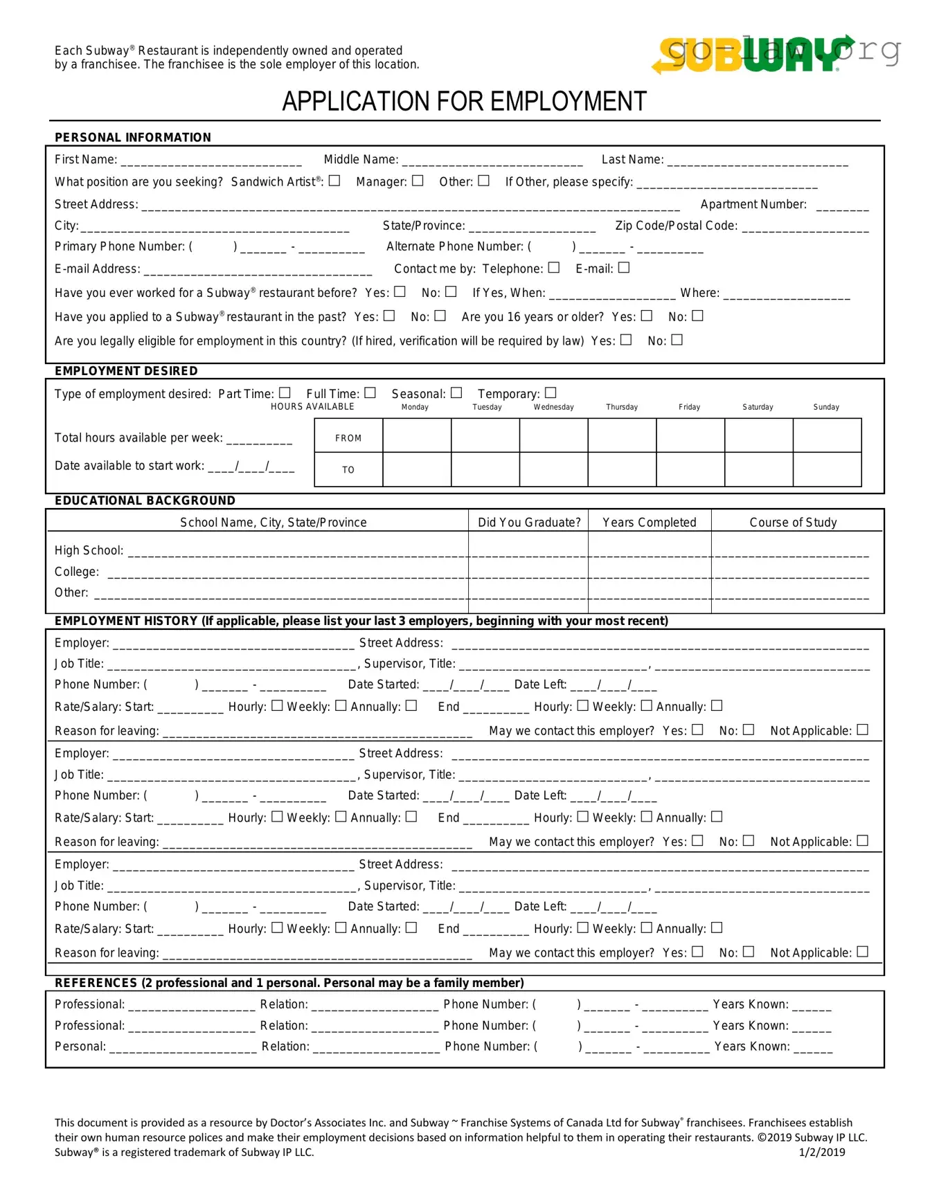 Download Subway Employment Application Form in PDF