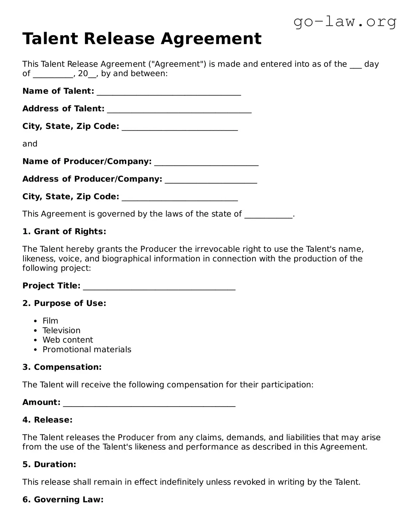 Blank Talent Release Template