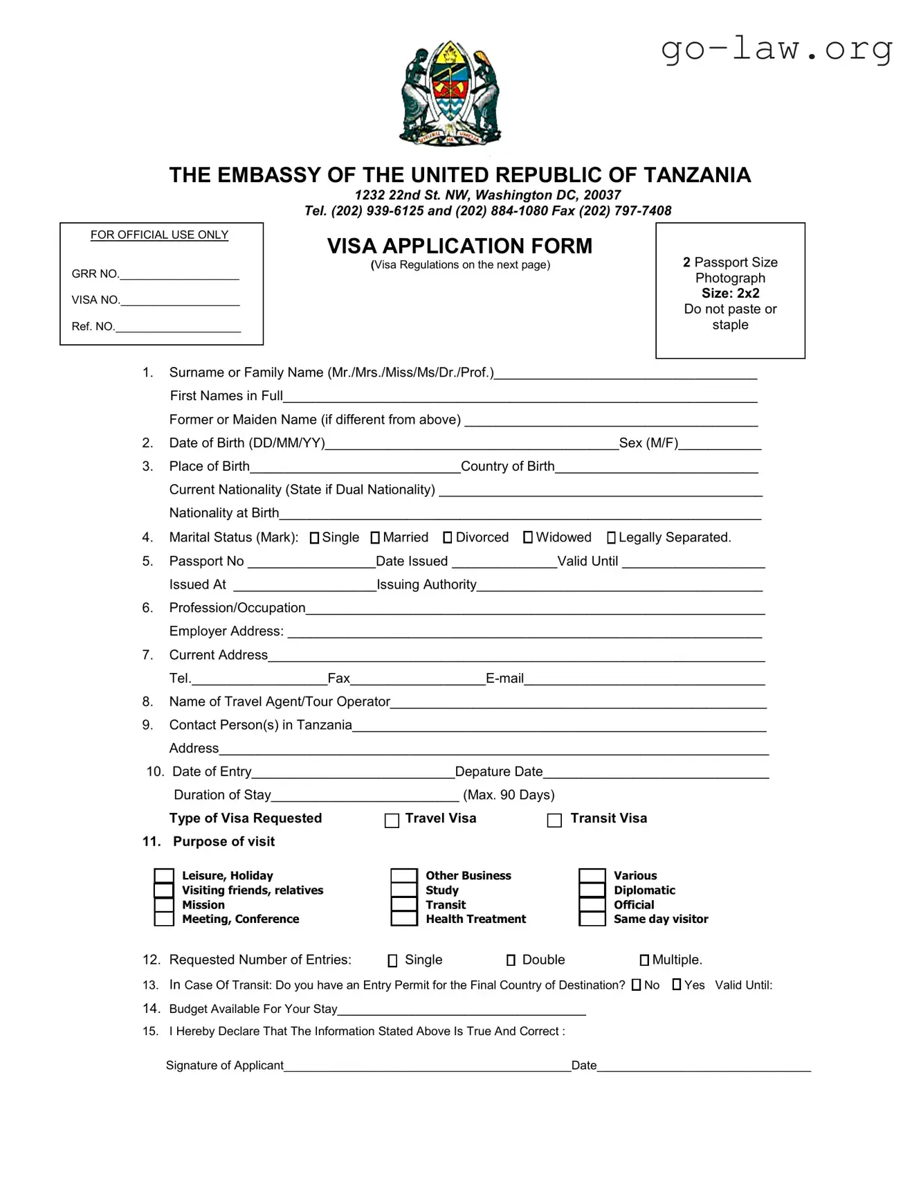 Download Tanzania Visa Applicaiton Form in PDF