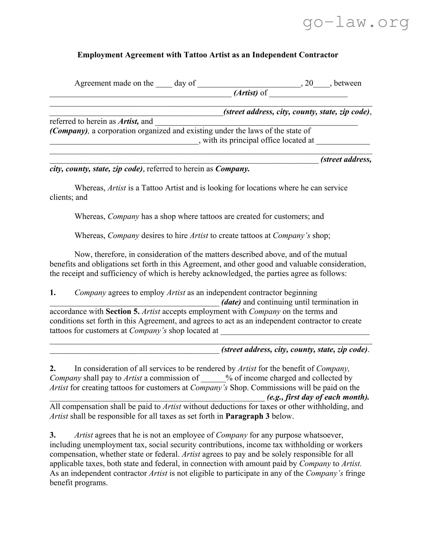 Download Tattoo Shop Artist Agreement Form in PDF