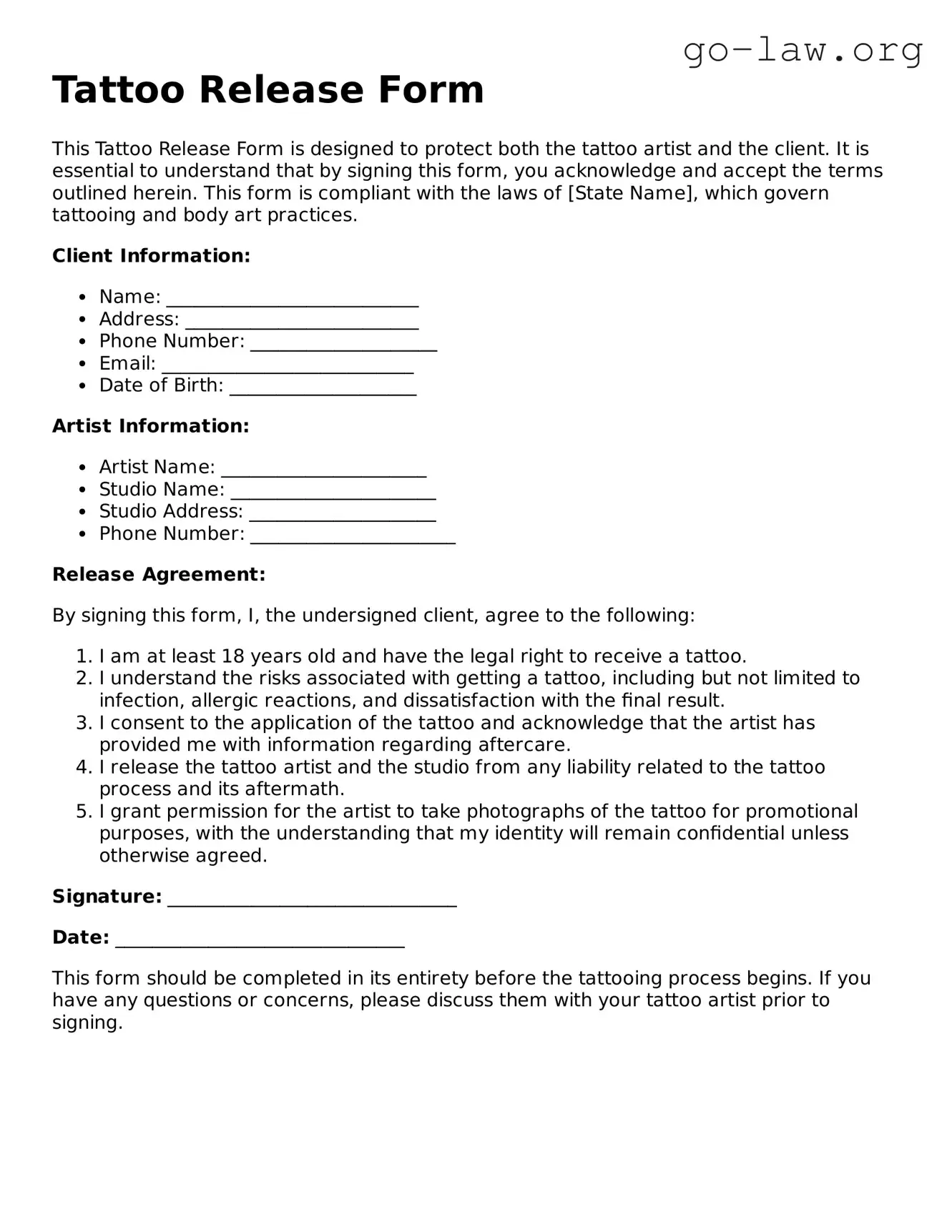 Blank Tattoo Release Template