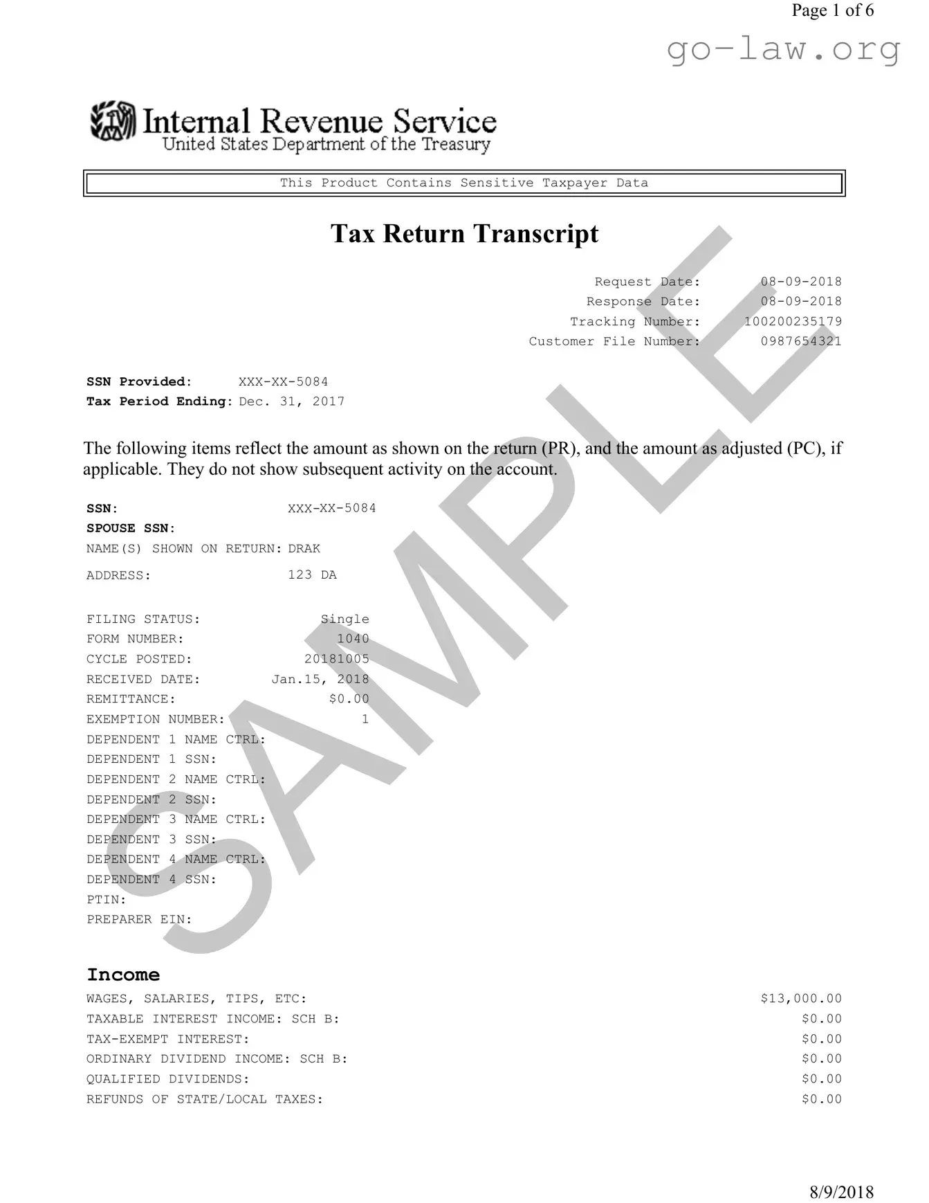 Download Sample Tax Return Transcript Form in PDF