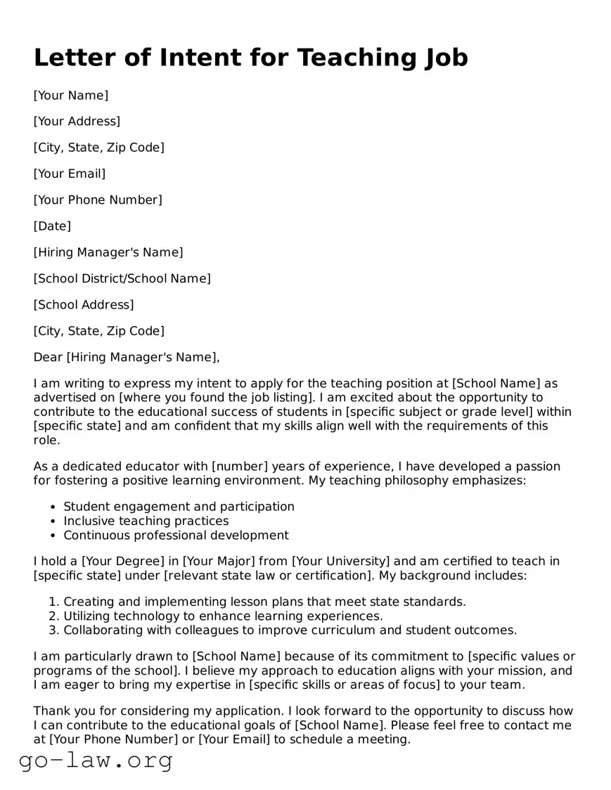 Blank Letter of Intent for a Teaching Job Template