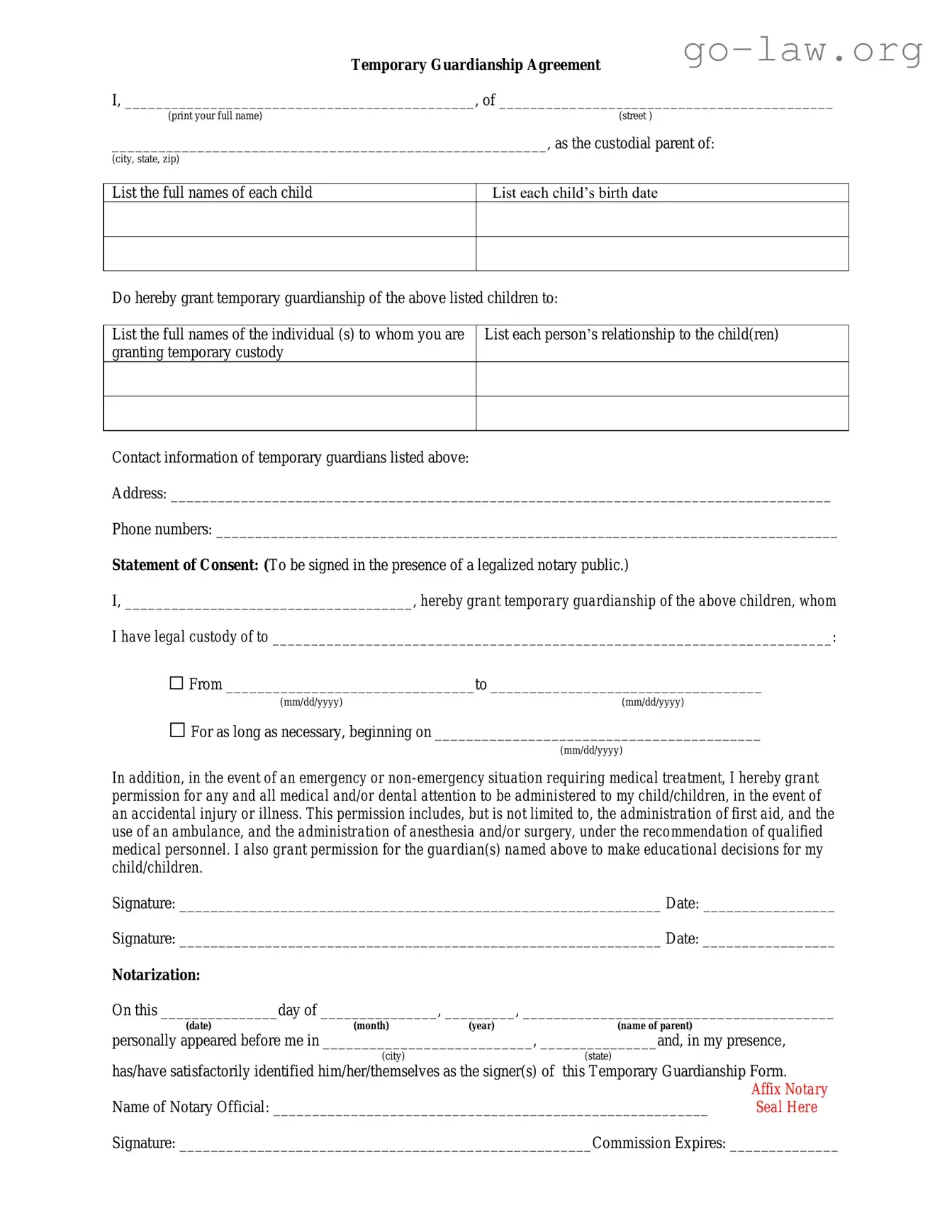 Download Temporary Custody Form in PDF