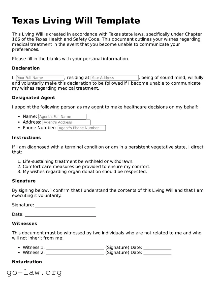 Fillable Texas Living Will Form