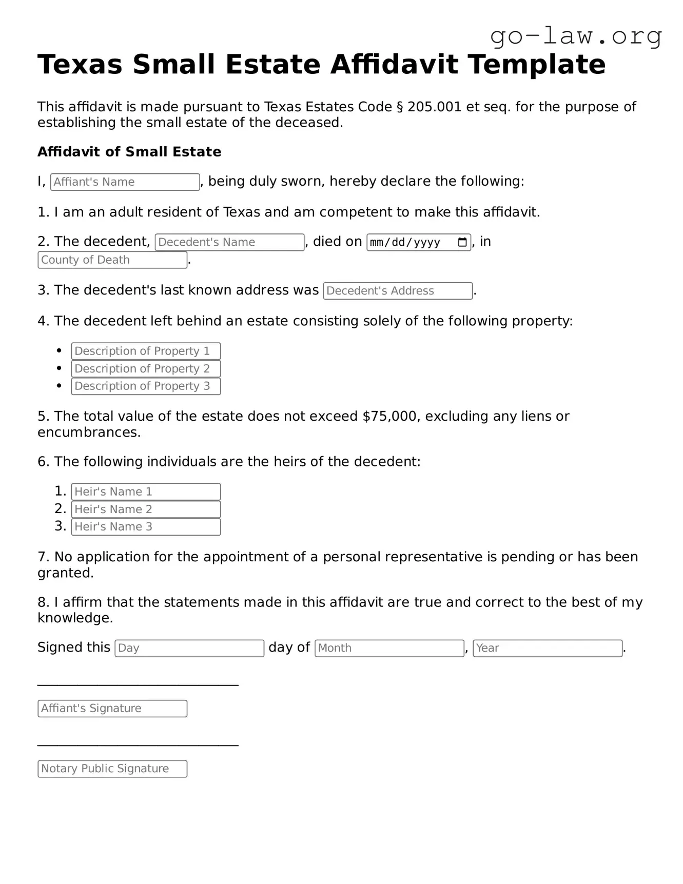 Fillable Texas Small Estate Affidavit Form