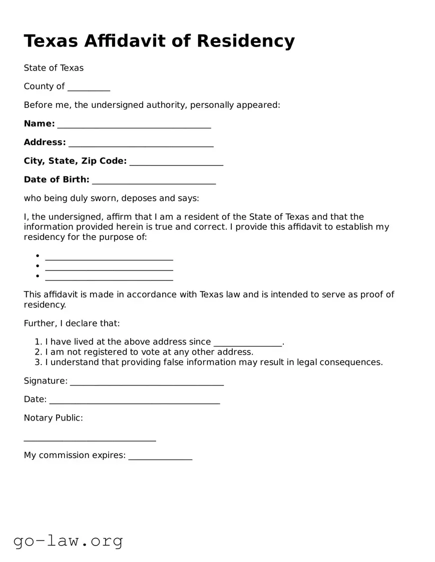 Fillable Texas Affidavit of Residency Form