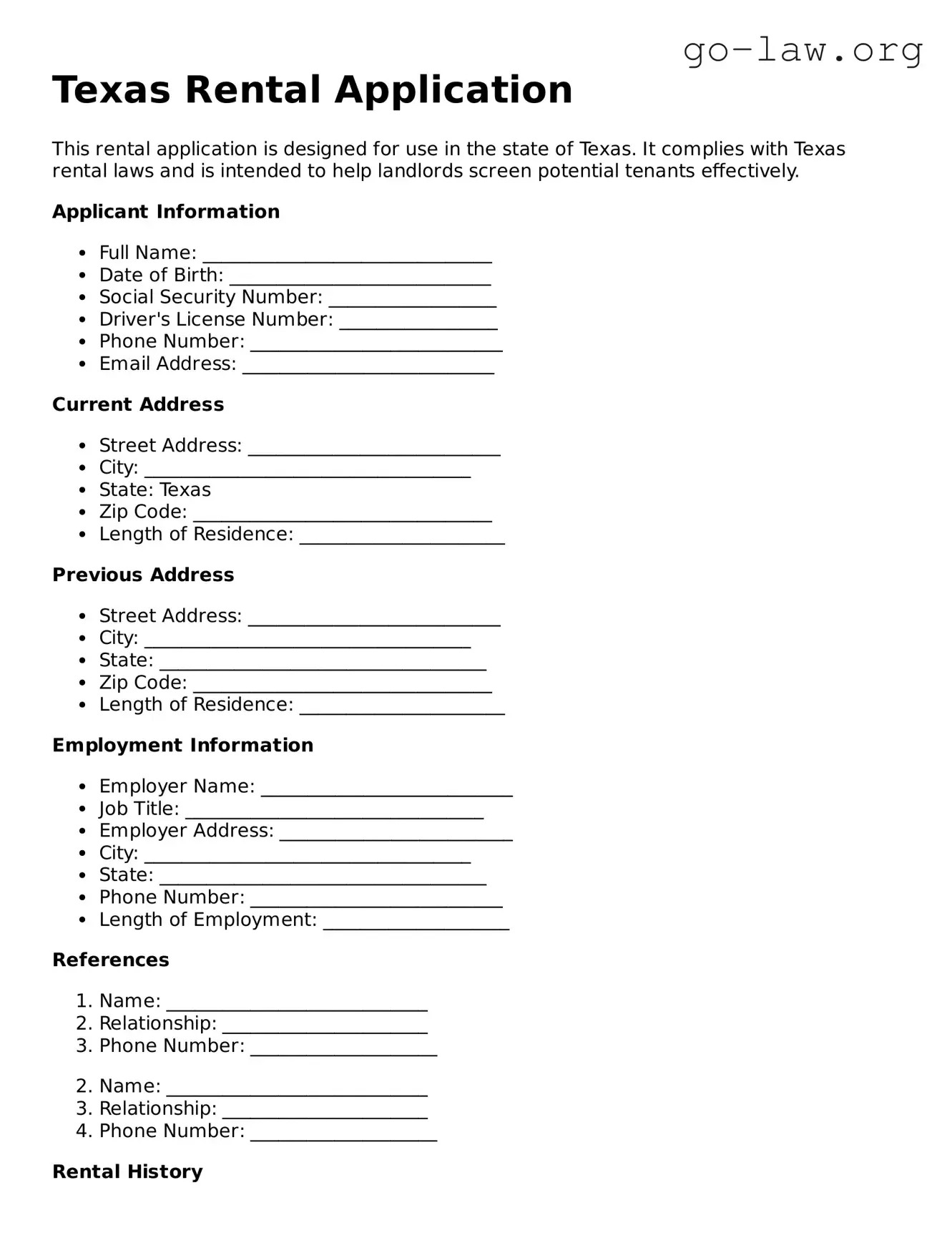 Fillable Texas Rental Application Form
