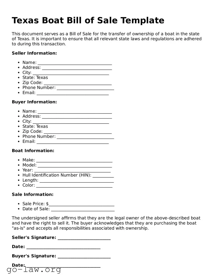 Fillable Texas Boat Bill of Sale Form