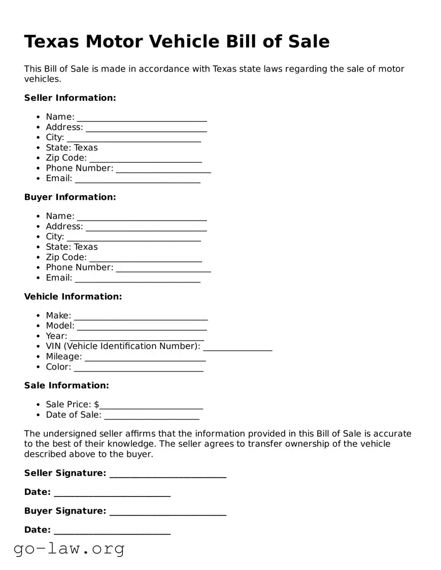 Fillable Texas Motor Vehicle Bill of Sale Form