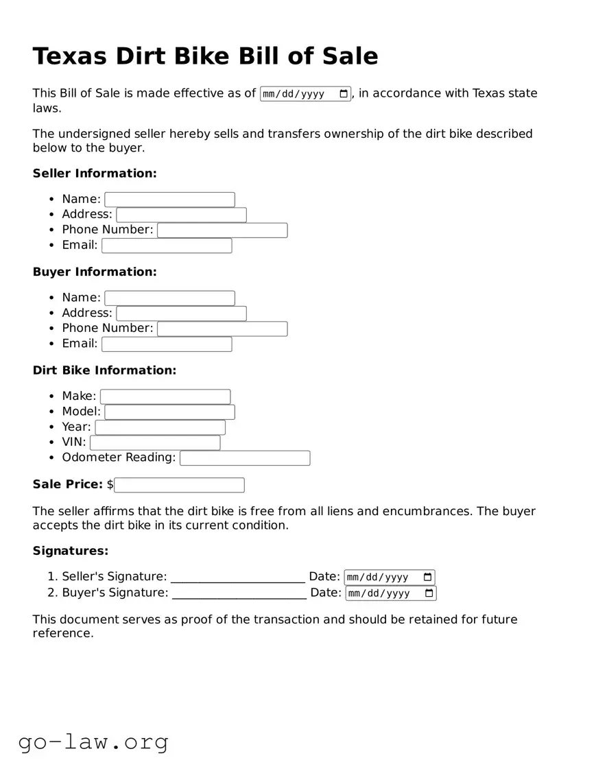 Fillable Texas Dirt Bike Bill of Sale Form