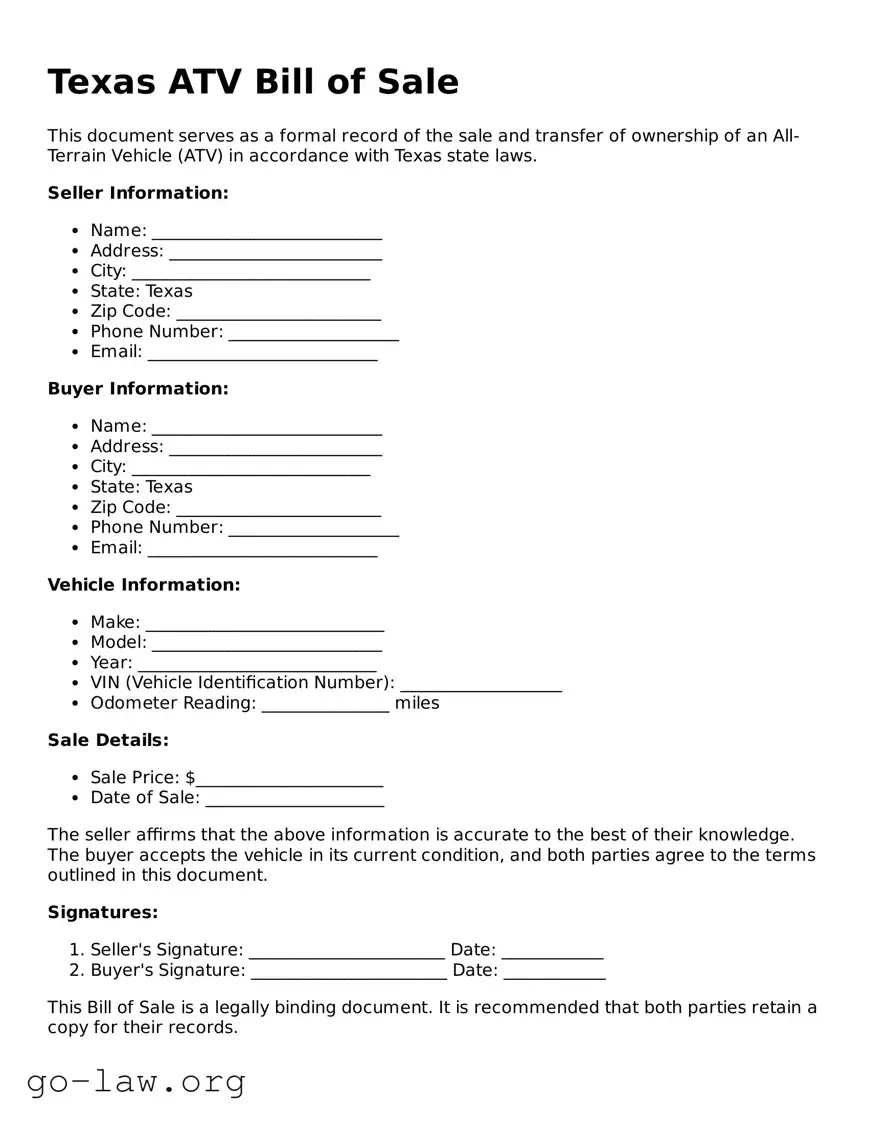 Fillable Texas ATV Bill of Sale Form