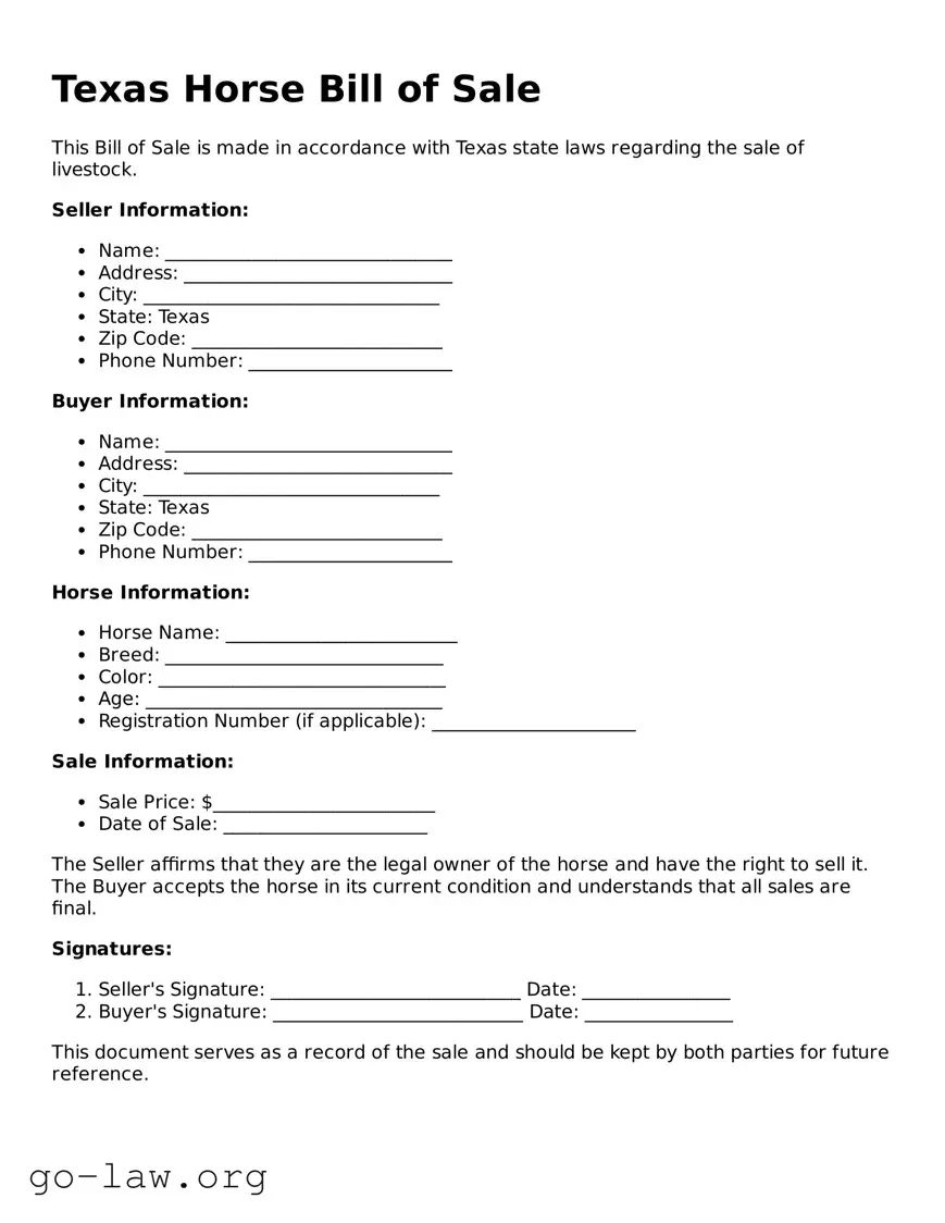 Fillable Texas Horse Bill of Sale Form