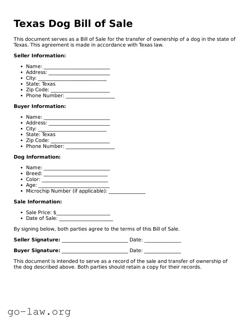 Fillable Texas Dog Bill of Sale Form