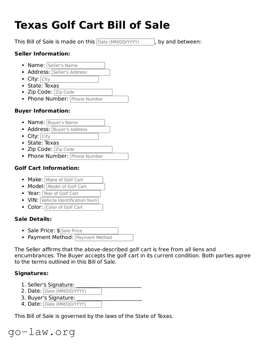 Fillable Texas Golf Cart Bill of Sale Form
