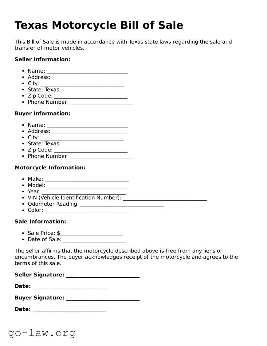 Fillable Texas Motorcycle Bill of Sale Form