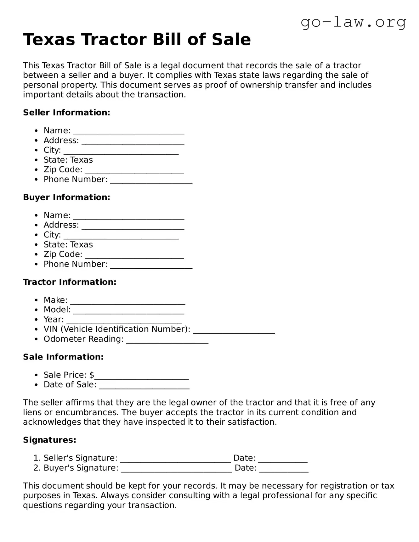 Fillable Texas Tractor Bill of Sale Form