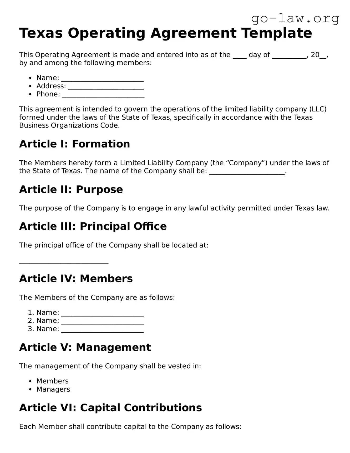 Fillable Texas Operating Agreement Form