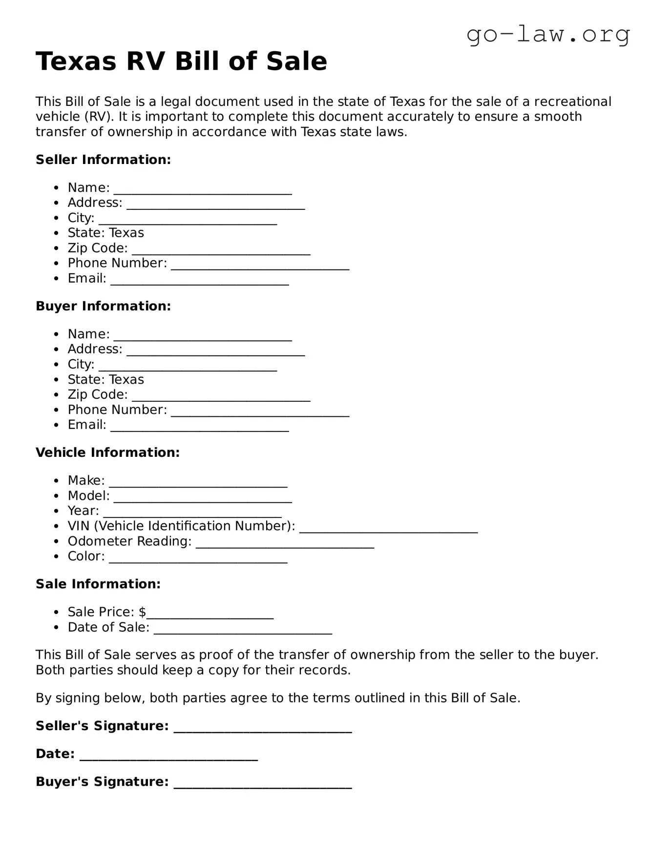 Fillable Texas RV Bill of Sale Form