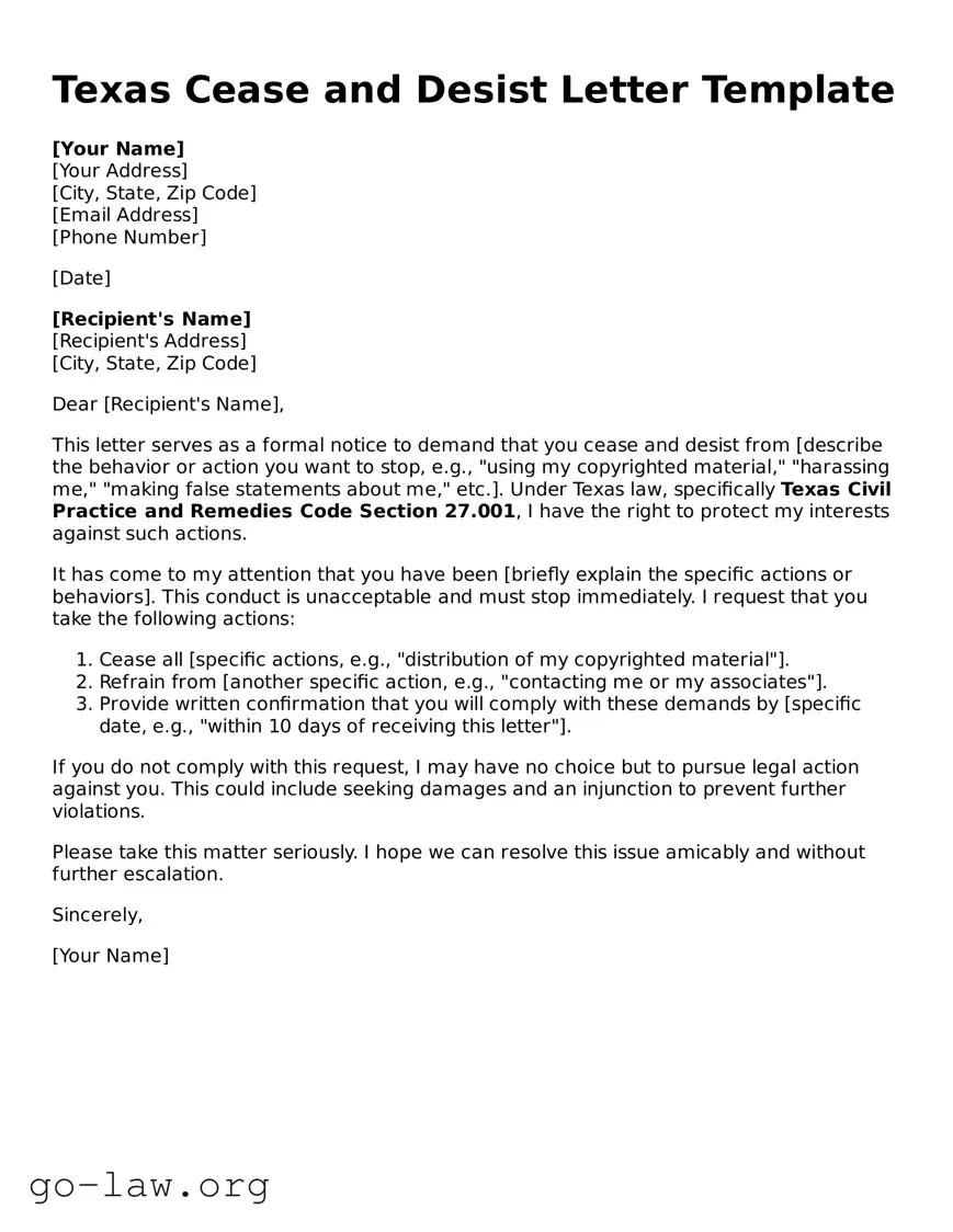 Fillable Texas Cease and Desist Letter Form