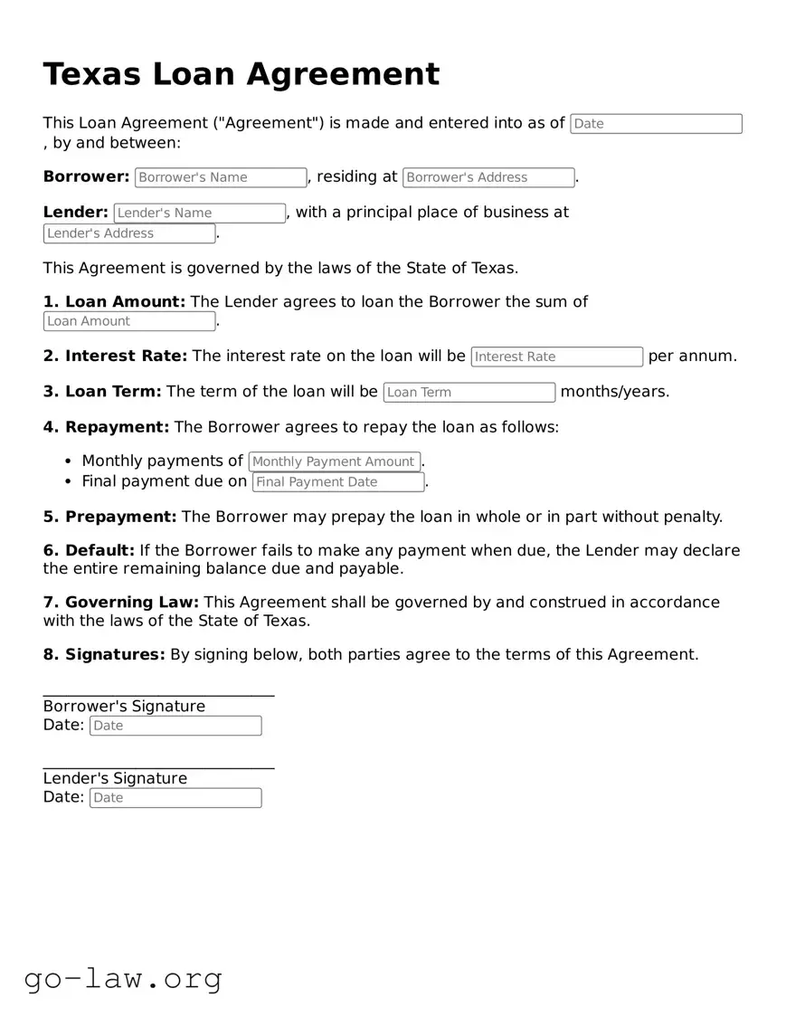 Fillable Texas Loan Agreement Form