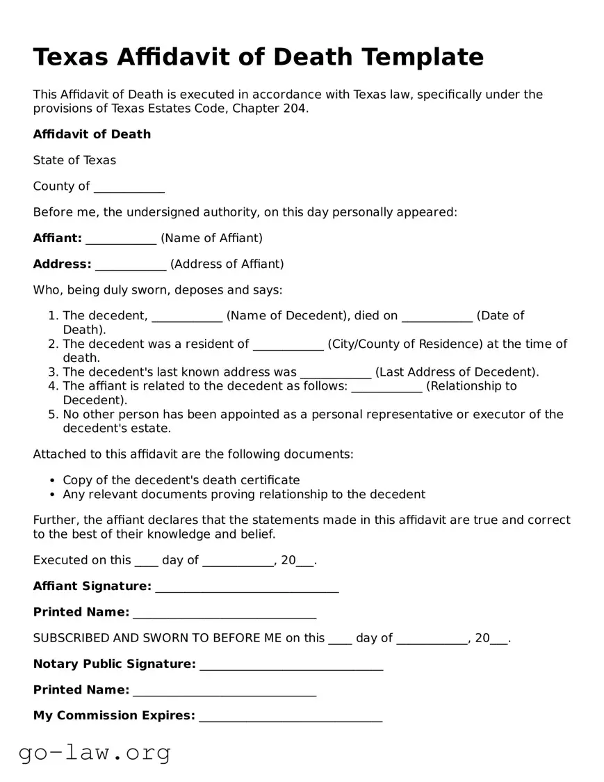 Fillable Texas Affidavit of Death Form