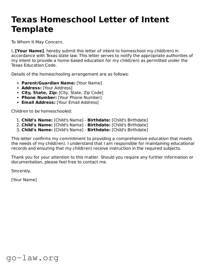 Fillable Texas Homeschool Letter of Intent Form