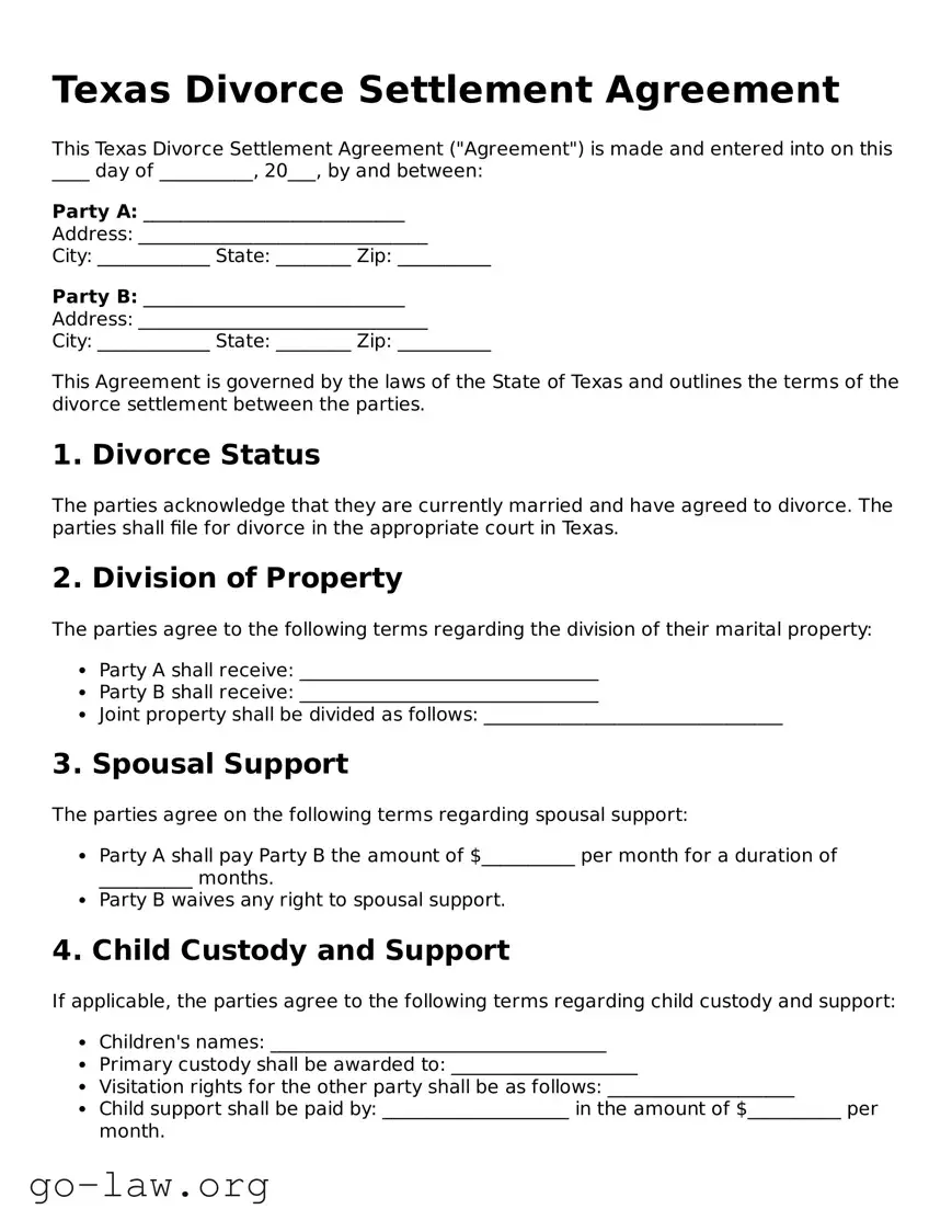 Fillable Texas Divorce Settlement Agreement Form