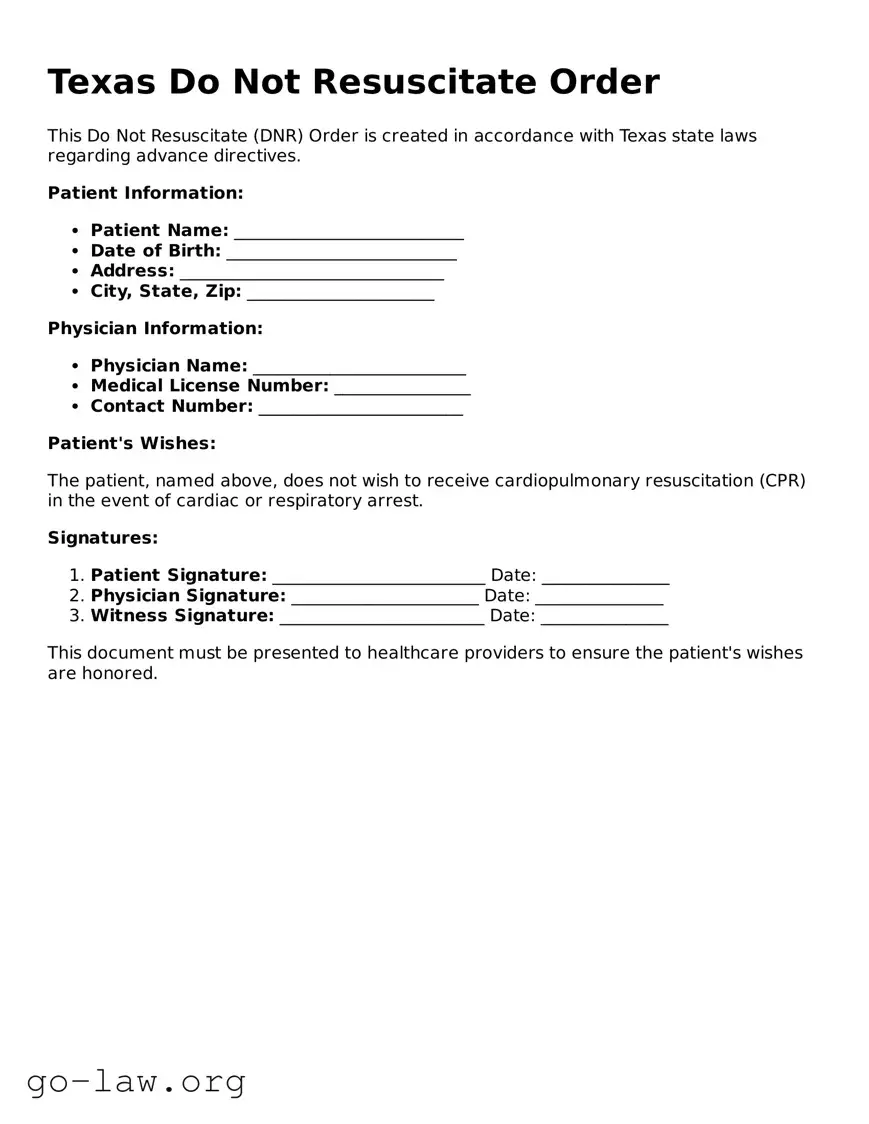 Fillable Texas Do Not Resuscitate Order Form